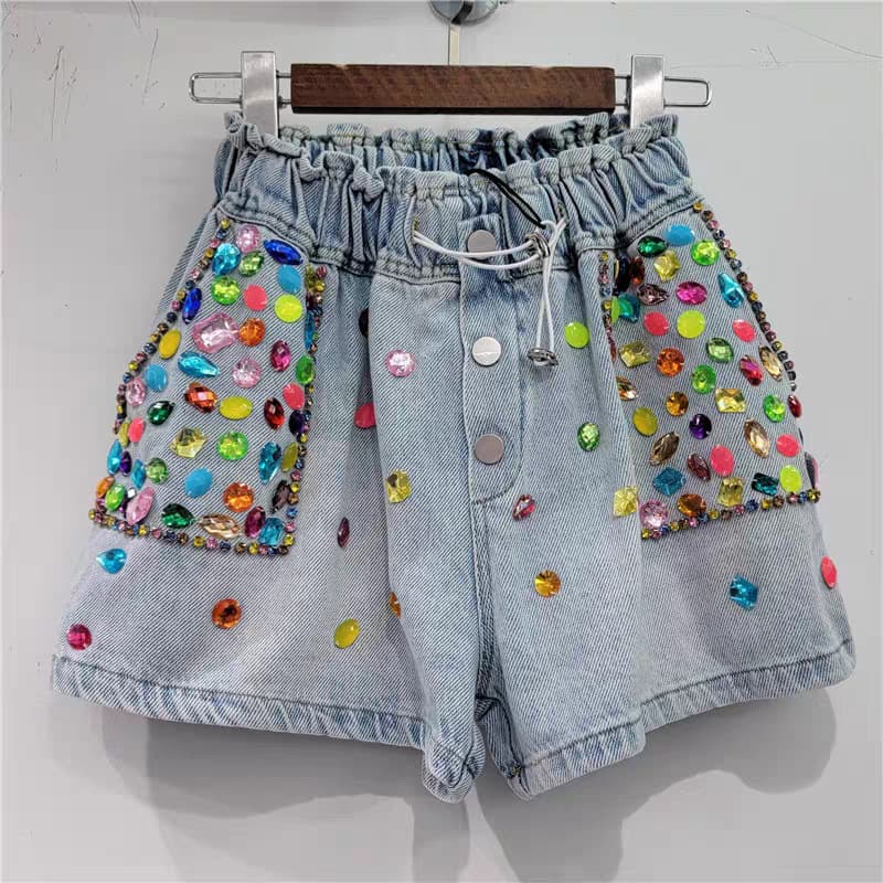 Women's Clothing Heavy inlaid diamond nail bead high waist slimming wide leg denim shorts women's pants