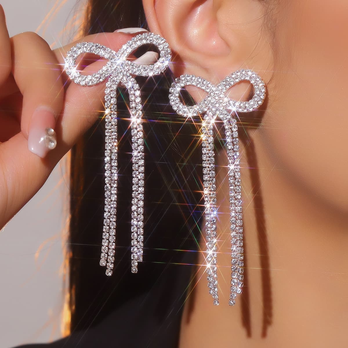 Direct Sales Popular Bow Long Tassel Earrings Fashionable Shiny Rhinestone Earrings