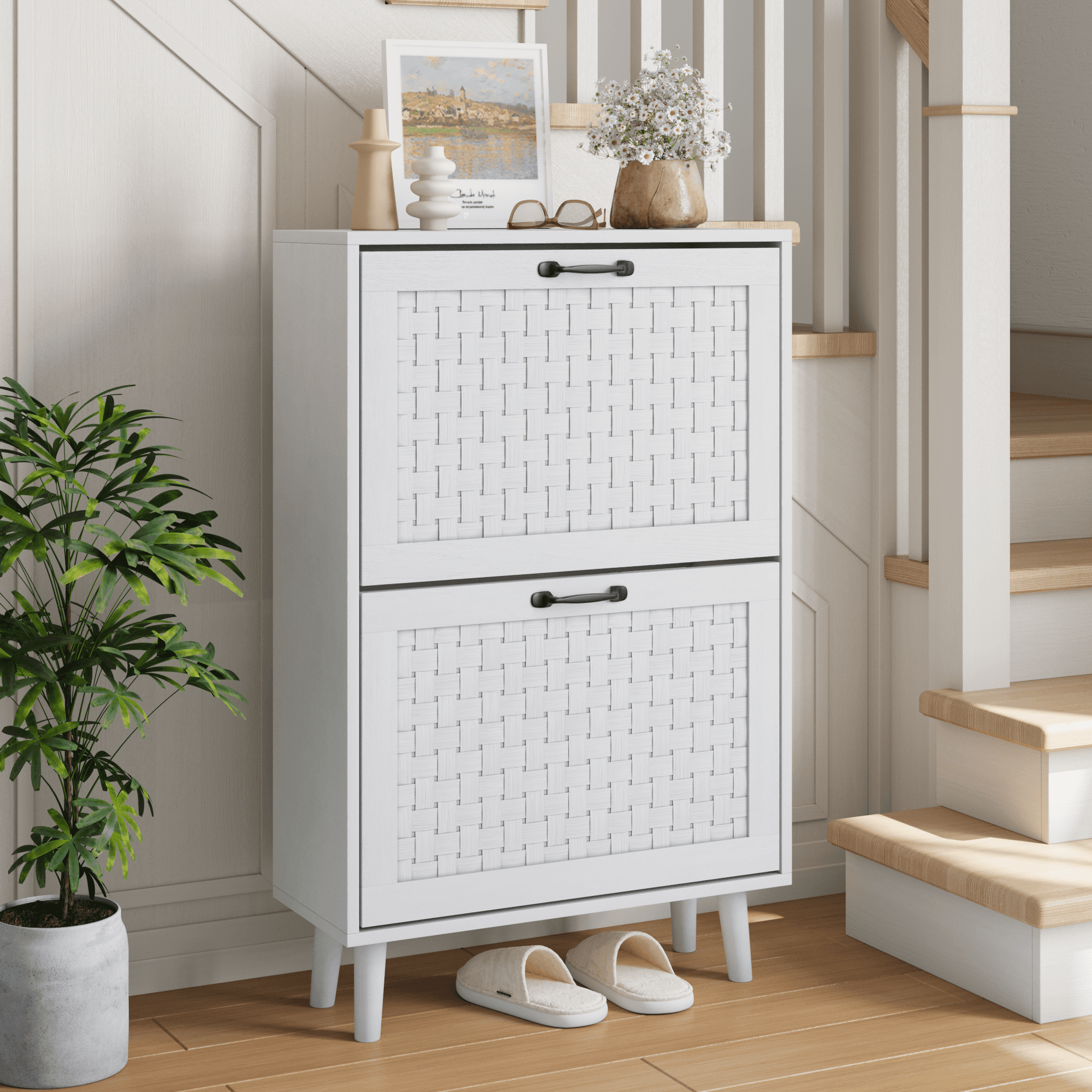 Schuhschrank Mit Rattanschubladen, Massivholzbeinen, Schmal Für Eingang