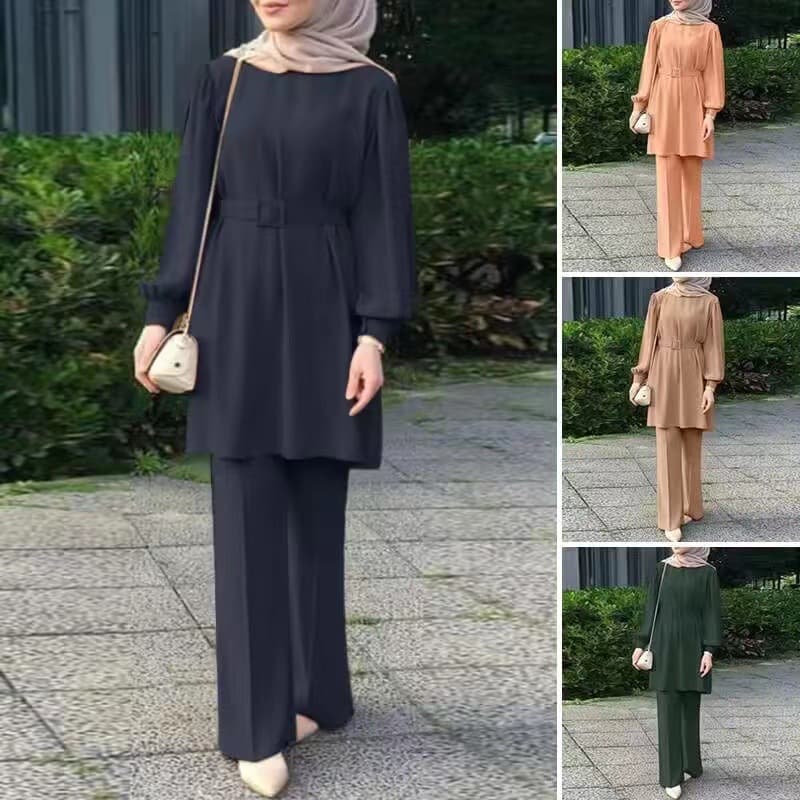 Women's round neck long-sleeved belt elastic waist top and trousers suit