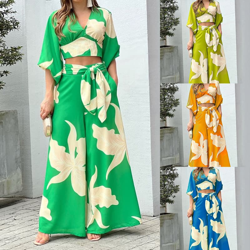 ​​Women's V-Neck Lantern Sleeve Top & High-Waisted Wide-Leg Pants Set – Spring Elegant Casual Outfit (S-3XL) | Polyester Printed Workwear​​
