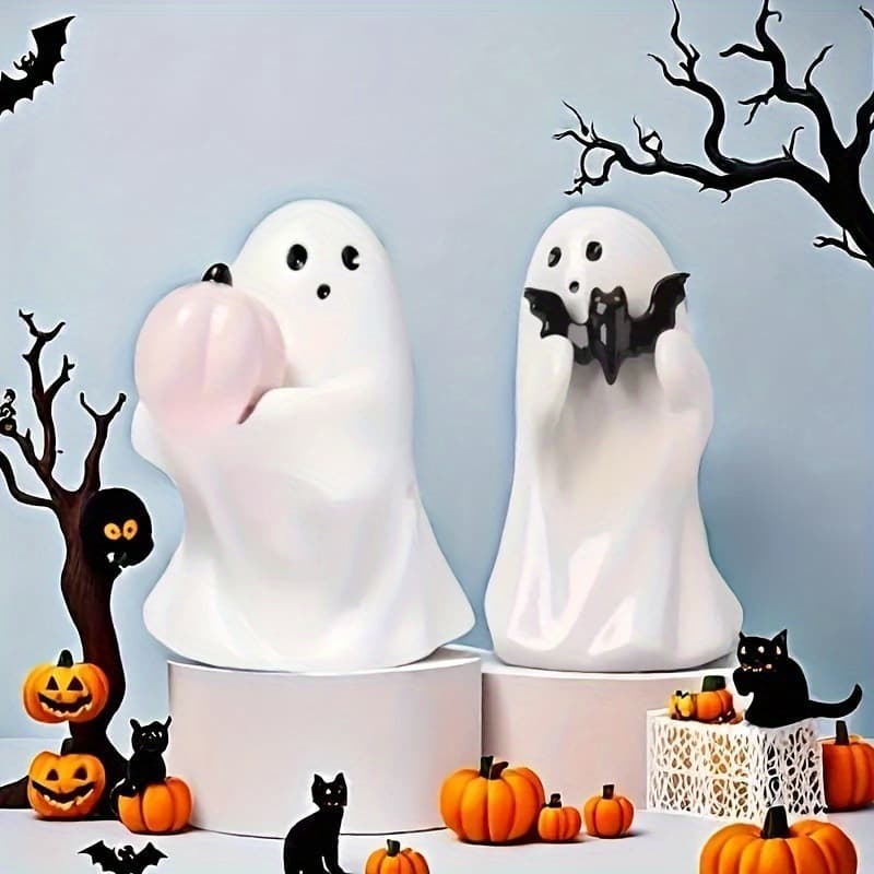 Halloween Garden Ornament - Resin Ghost Statue With Bat Pumpkin Outdoor Home Decor For Spooky Festival