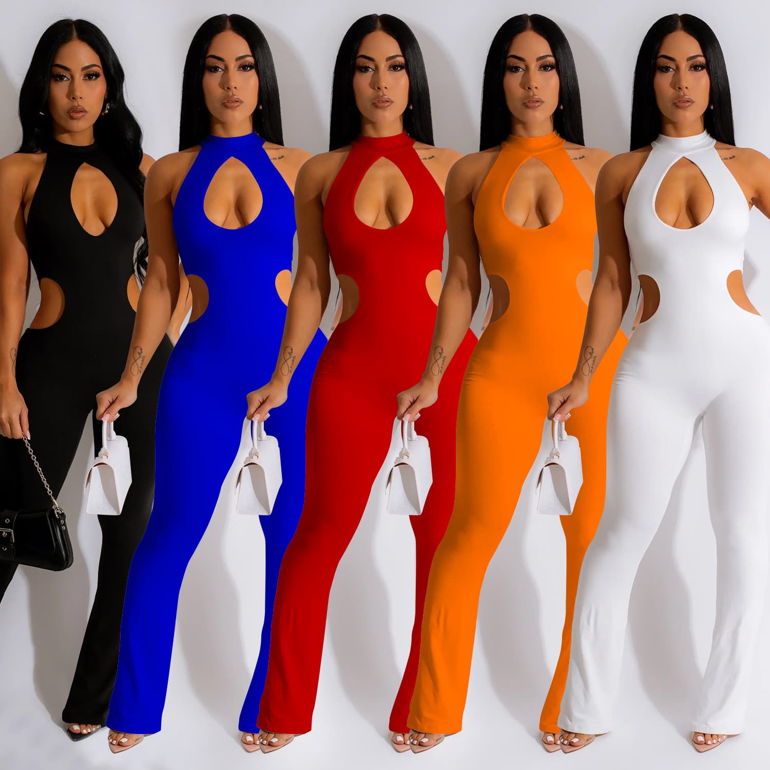 Women's fashion women's clothing solid color sexy halter neck hollow trousers jumpsuit