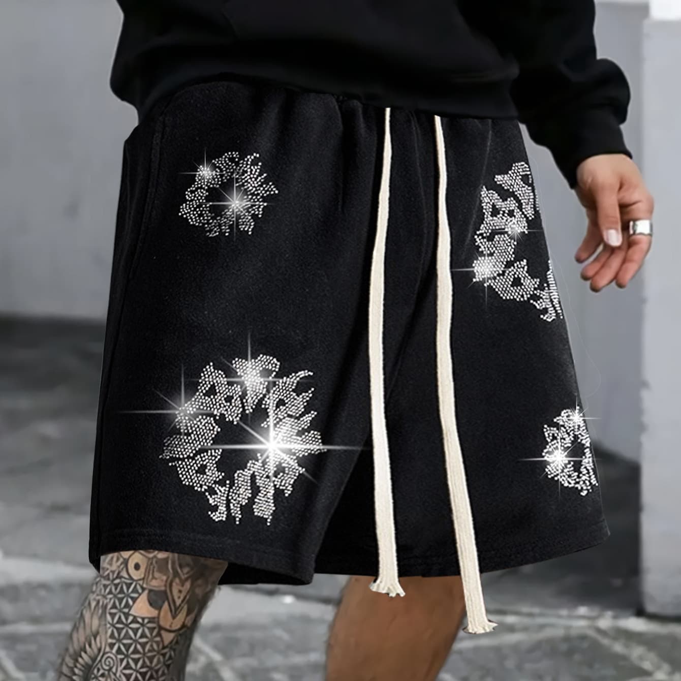 ​​Men's Hip-Hop Streetwear Shorts - Oversized Cotton Cargo Shorts With Circular Print | Breathable Summer Casual Shorts (S-2xl, Black, 85% Cotton)​​