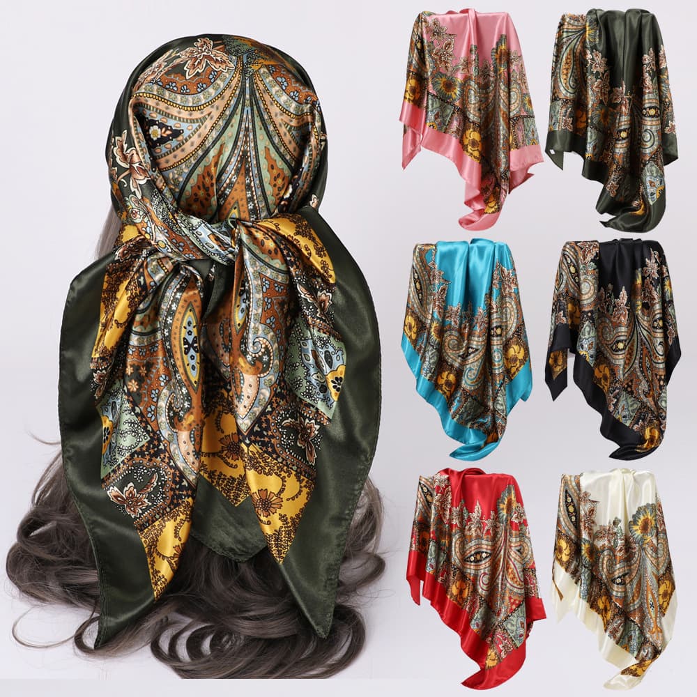 Women's Cashew Print Silk Scarf 90cm Square Versatile Shawl European American Style Satin Headscarf Cross Border Fashion