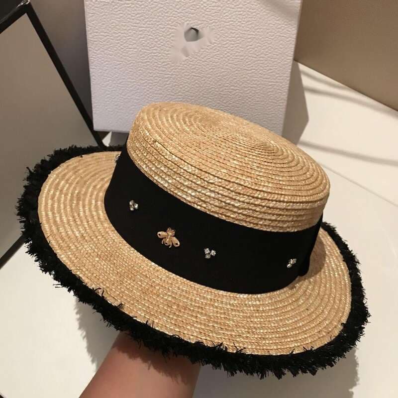 French New Bee Hand Woven Straw Flat Top Beach Versatile Travel Sun Hat