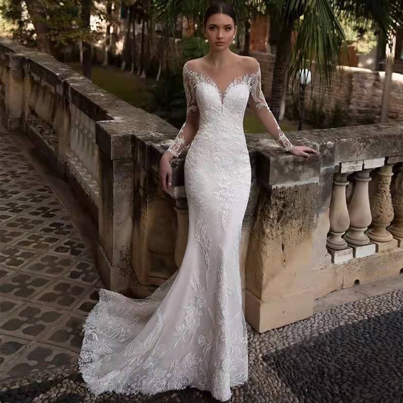 Women’s Clothing Long sleeved fishtail wedding dress forest style new bride simple deep V neck backless travel photography small tail soft yarn slim