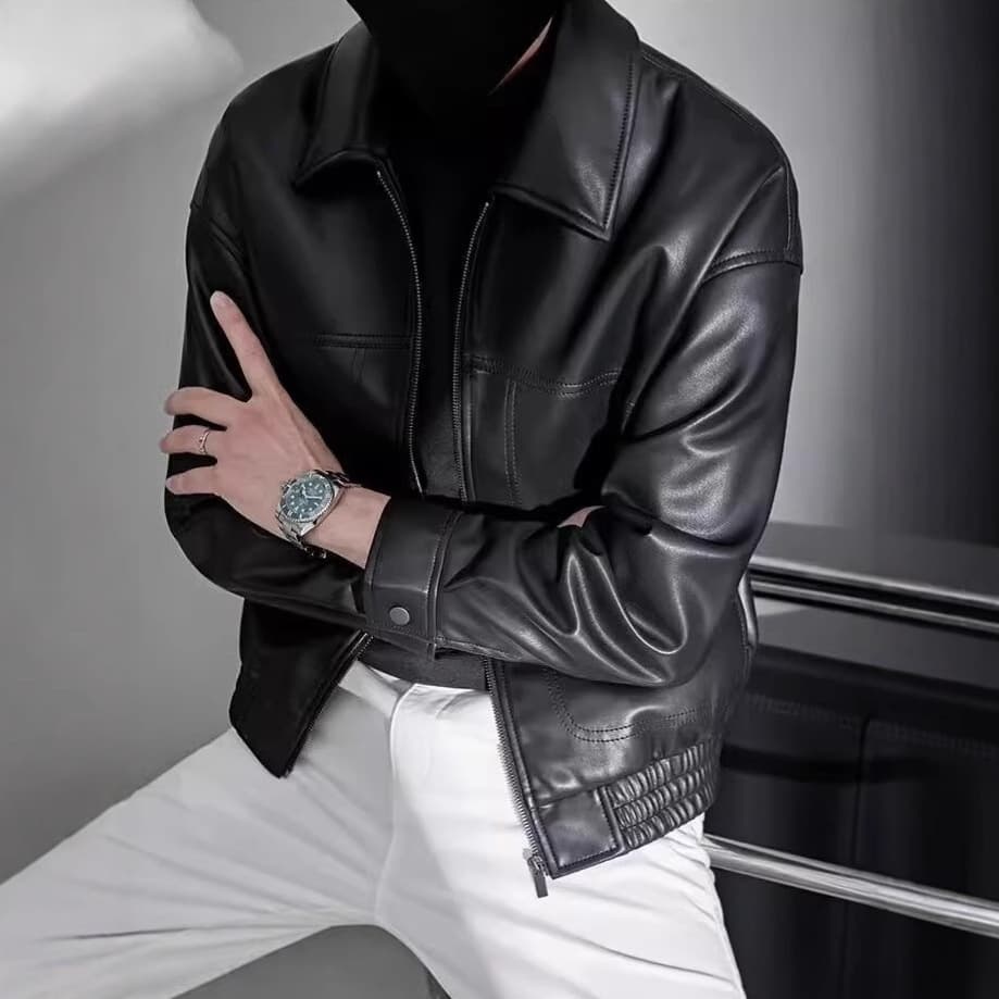 ​​Men's Stylish PU Leather Jacket With Lapel Collar, Loose Fit Casual Coat For Autumn Winter, Trendy Biker Jacket For Teens & Adults​​