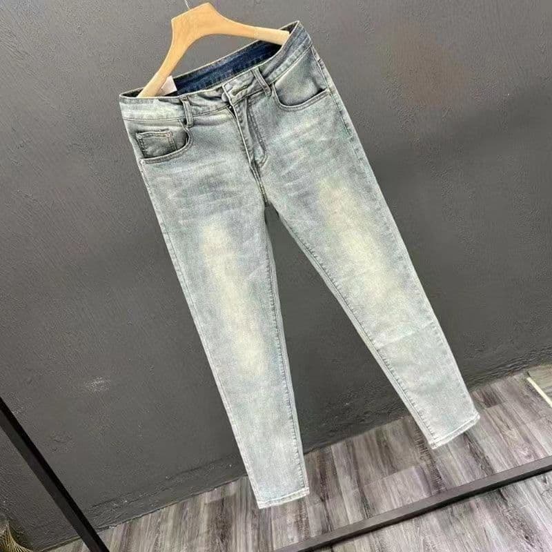 Men's Clothing light blue washed jeans men's slim fit elastic ankle nine point pants spring and autumn men's casual pants trendy