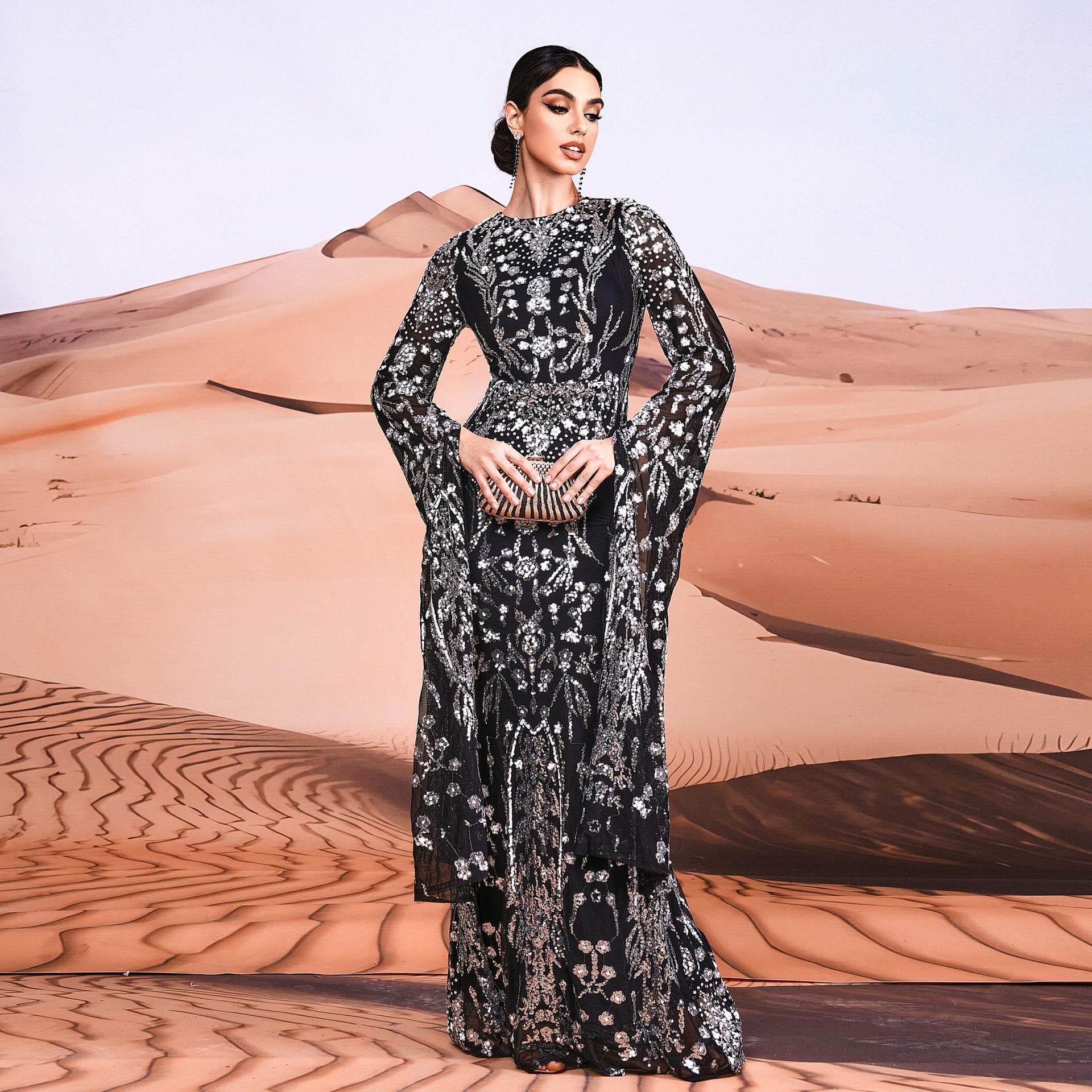 Women's Clothing ultra long sleeve temperament round neck sexy slim long sequined banquet evening dress bridesmaid dress