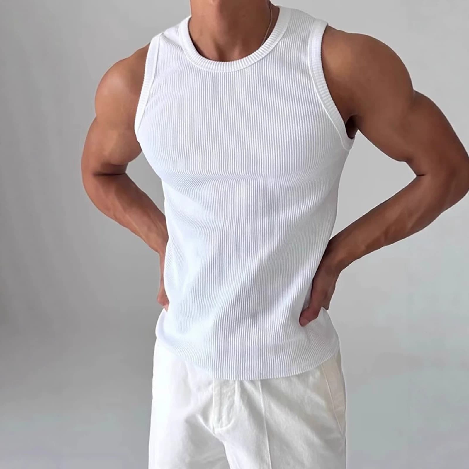 White Ribbed Stretch Slim Fit Vest Style Men's Summer Sleeveless T-Shirt Casual Sports Top