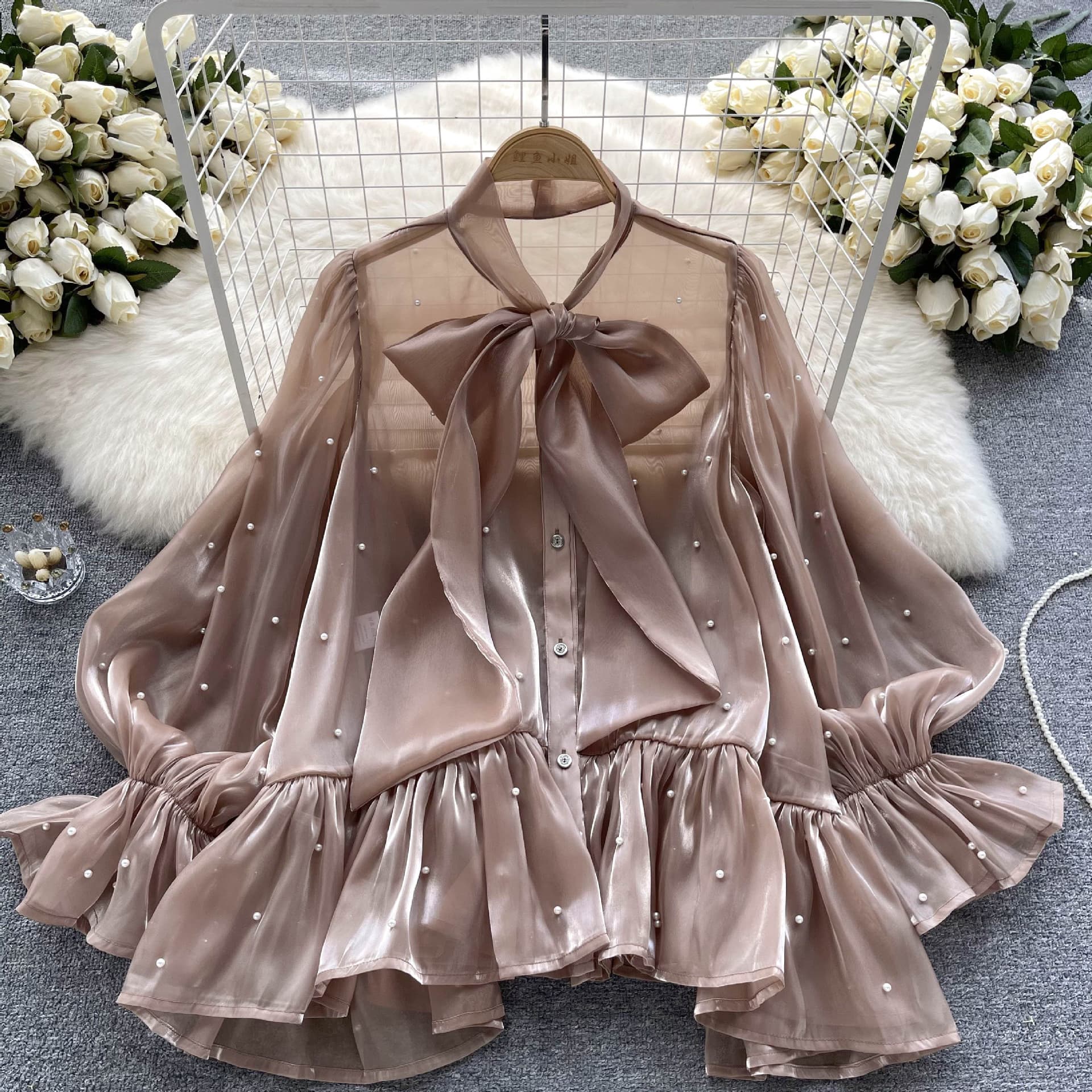 Women's high-end niche design beaded bow bell sleeve shirt autumn women's ladylike shirt