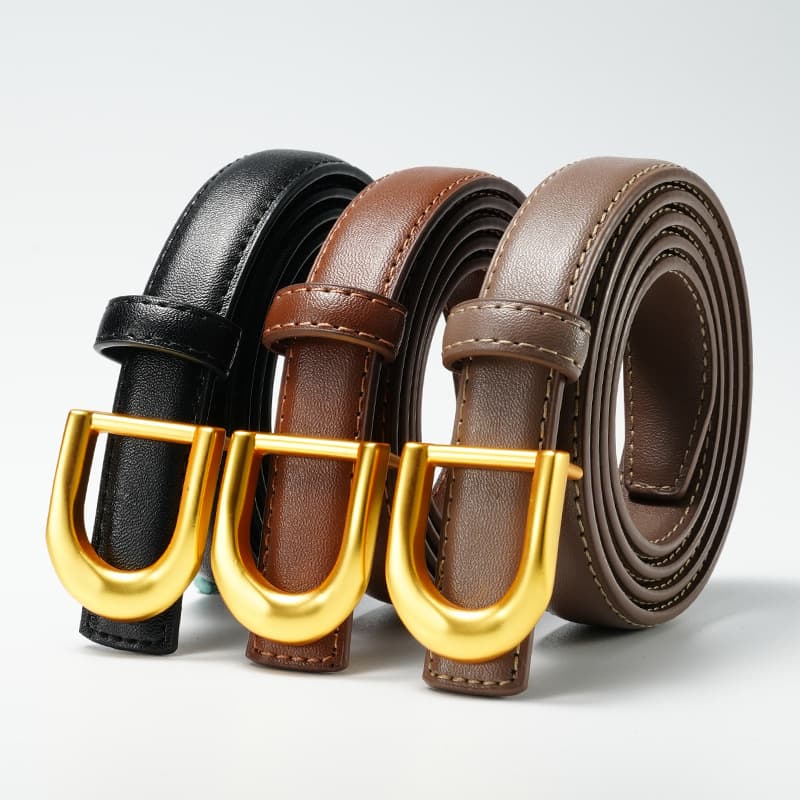 Elegant & Versatile Smooth Buckle Leather Belt For Dresses & Pants, Light Luxury Fashion Accessory In Black, Brown & Elephant Grey With Gold Buckle
