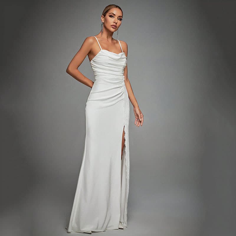 Women's tube top gathered slit satin dress skirt sexy slim hip hip dress spring