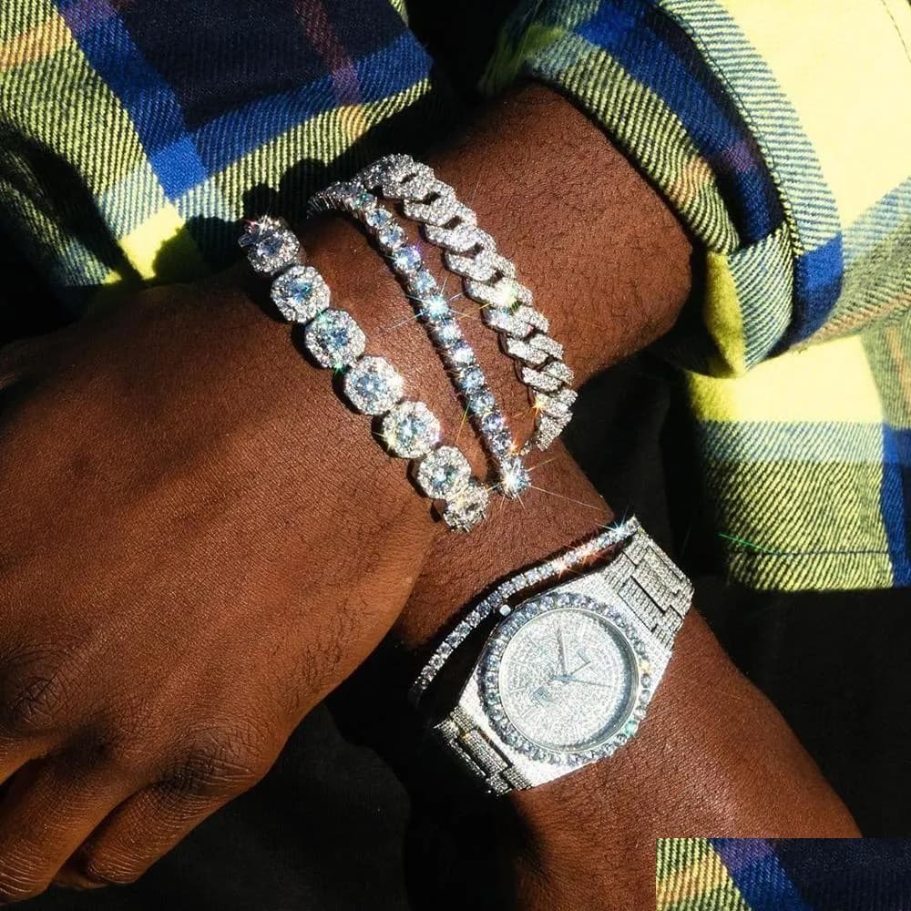 Charm Bracelets New Fashion 12Mm Width Cz Miami Cuban Link Chain Hip Hop Bling Micro Pave 5A Clear Cubic Zirconia Men