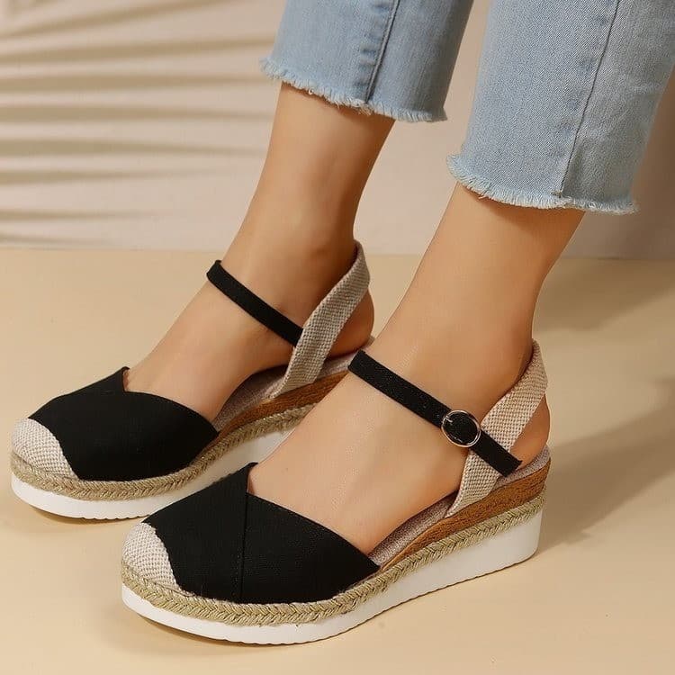 Women's summer large size color matching closed toe back sandals wedge heel lightweight rope braided buckle women's shoes thick bottom sandals