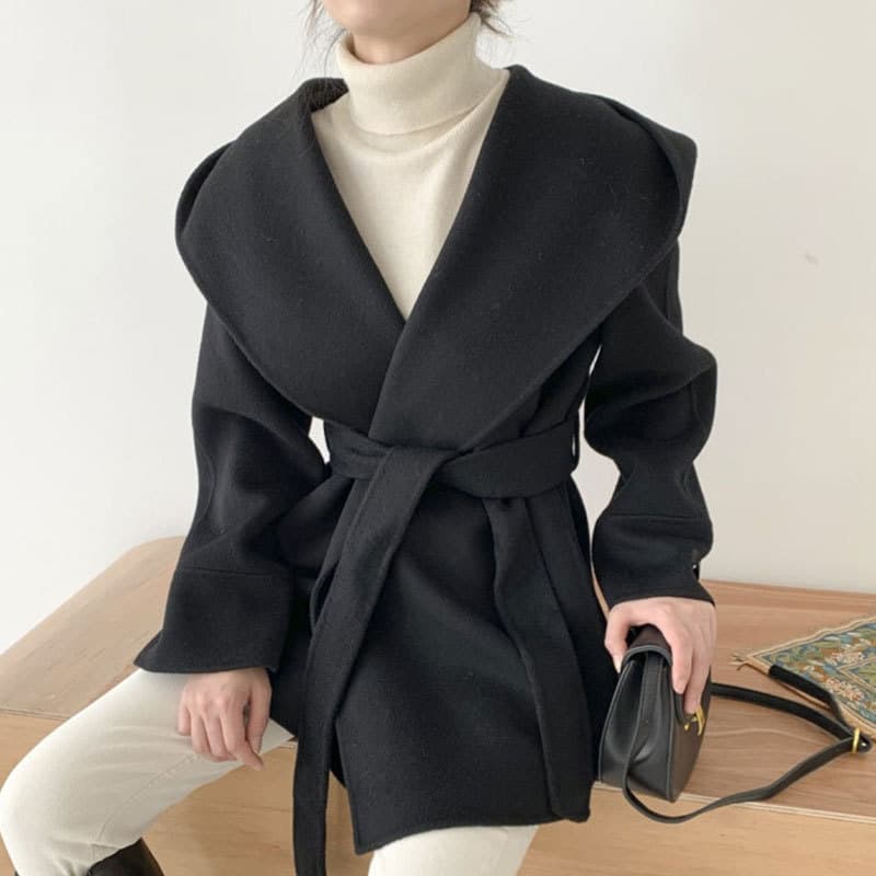 Women's Clothing Hooded Pocket Elegant French-Style Hooded Belted Wool Coat With Pockets – Slim Fit Long Sleeve Outerwear In Camel, Black & Oatmeal​