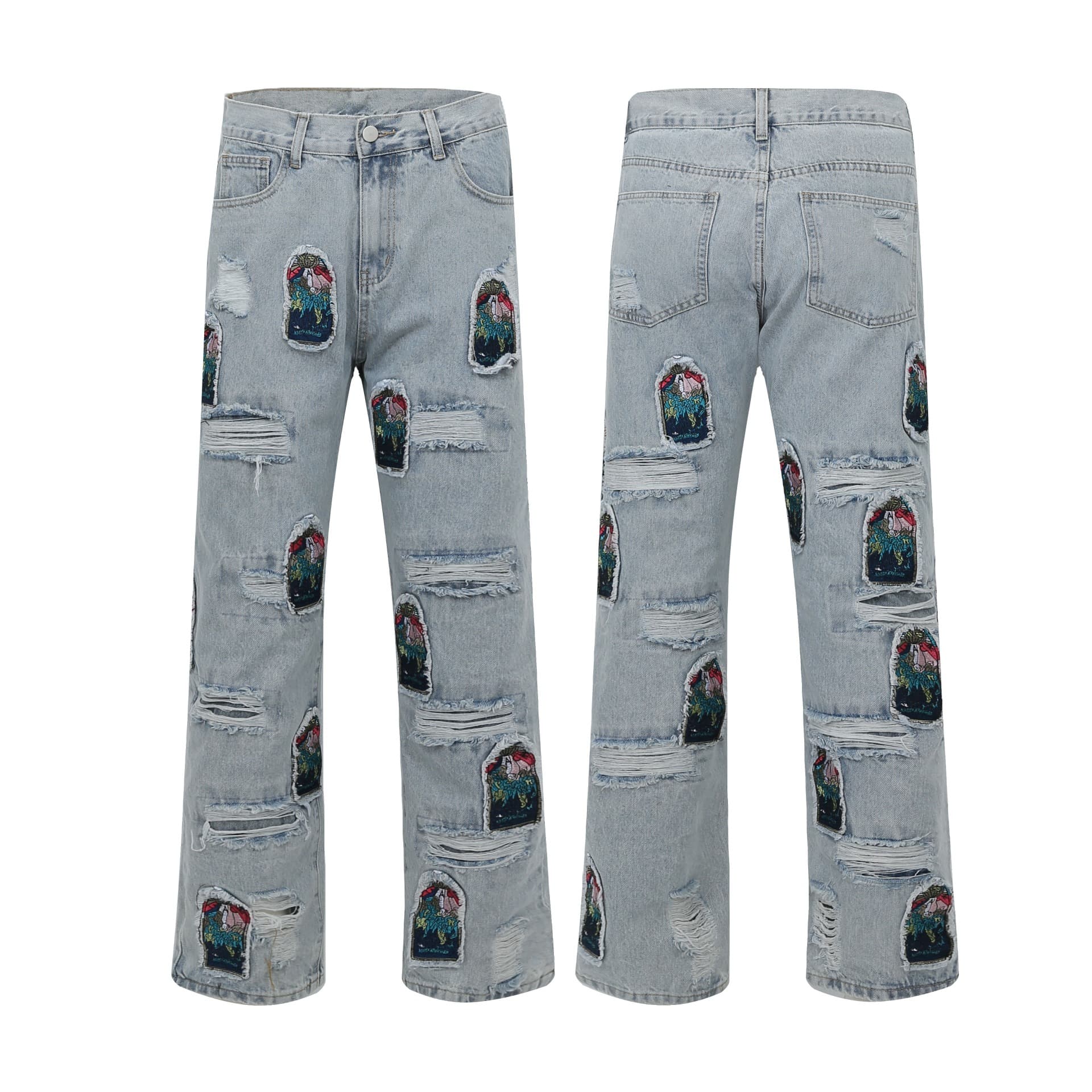 Man's clothing Hipster ripped patch jeans men's loose straight leg heavy pants