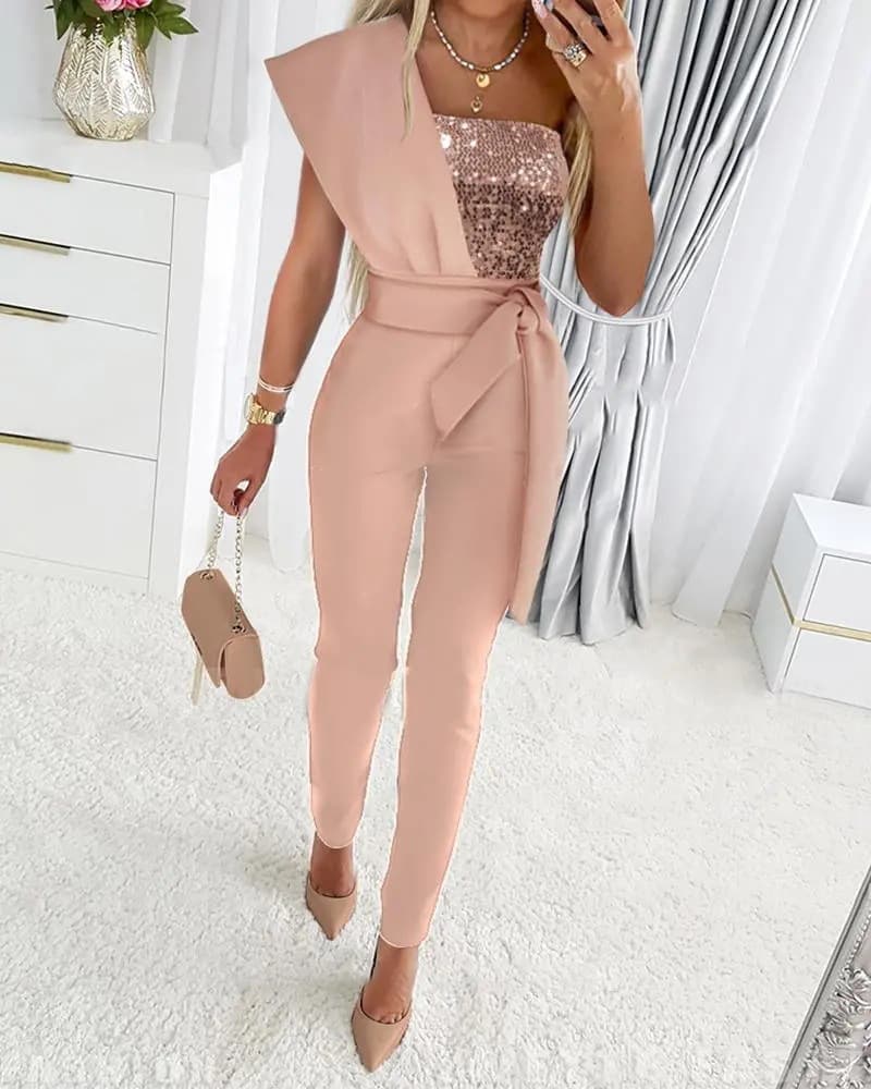 Women's Clothing Stitching One-shoulder Sequin Party Jumpsuit