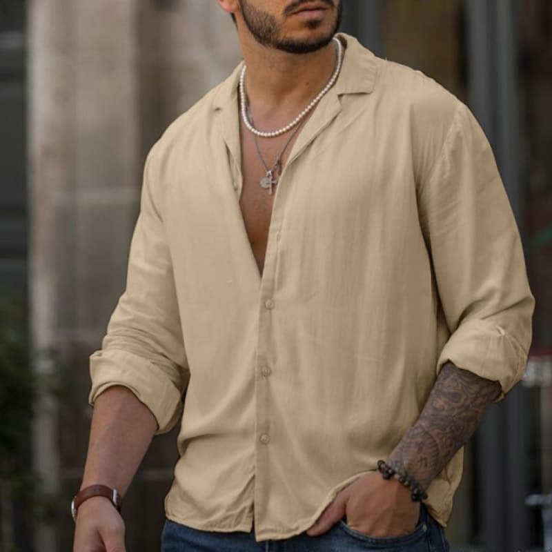 Men's Clothing New Trend Lapel Solid Color Long Sleeve Shirt Fashion Cotton And Linen Top Button Office T-shirt