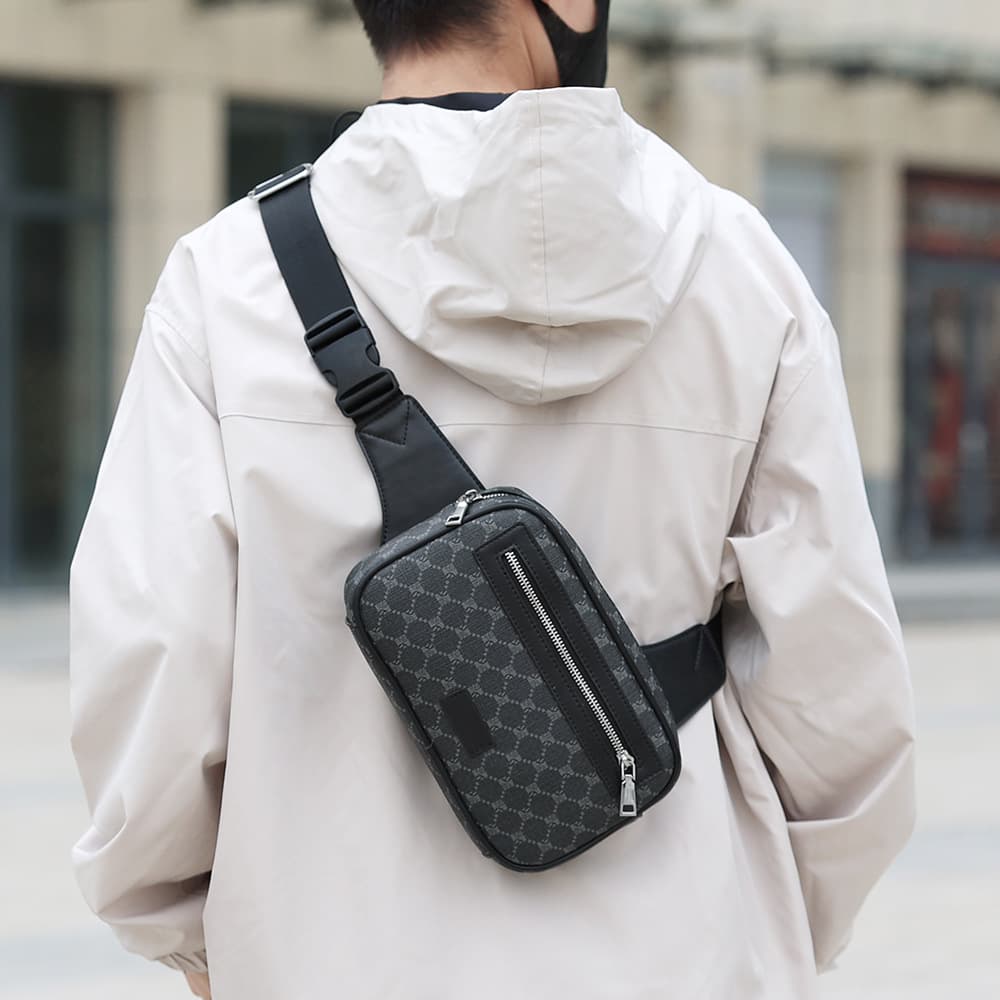 Men's Checkered Pattern PU Crossbody Bag - Korean Style Casual Chest Bag For Outdoor & Sports