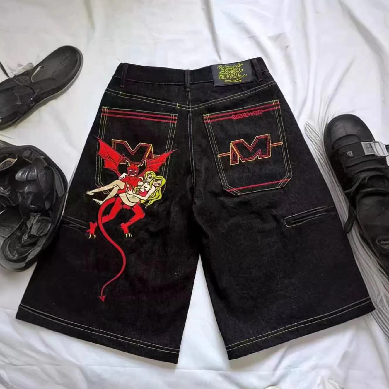 Men's Clothing Hip Hop Pocket Embroidery Letter Print Jeans Men's Fashion Brand Summer Retro Oversized Wide Leg Jeans Knee Length Pants