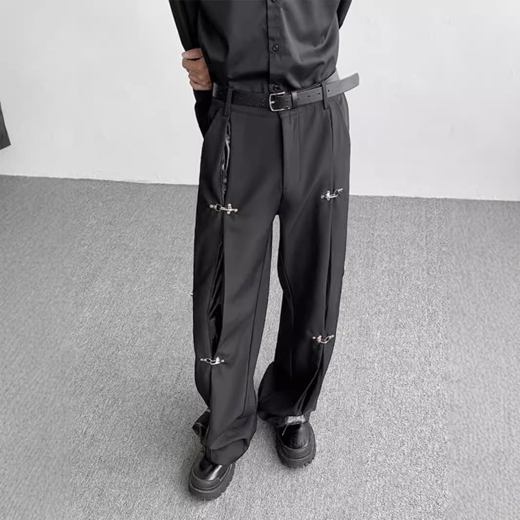 Autumn Niche Metal Airplane Buckle Design Deconstructed Men's Korean Style PU Leather High-End Wide-Leg Trousers