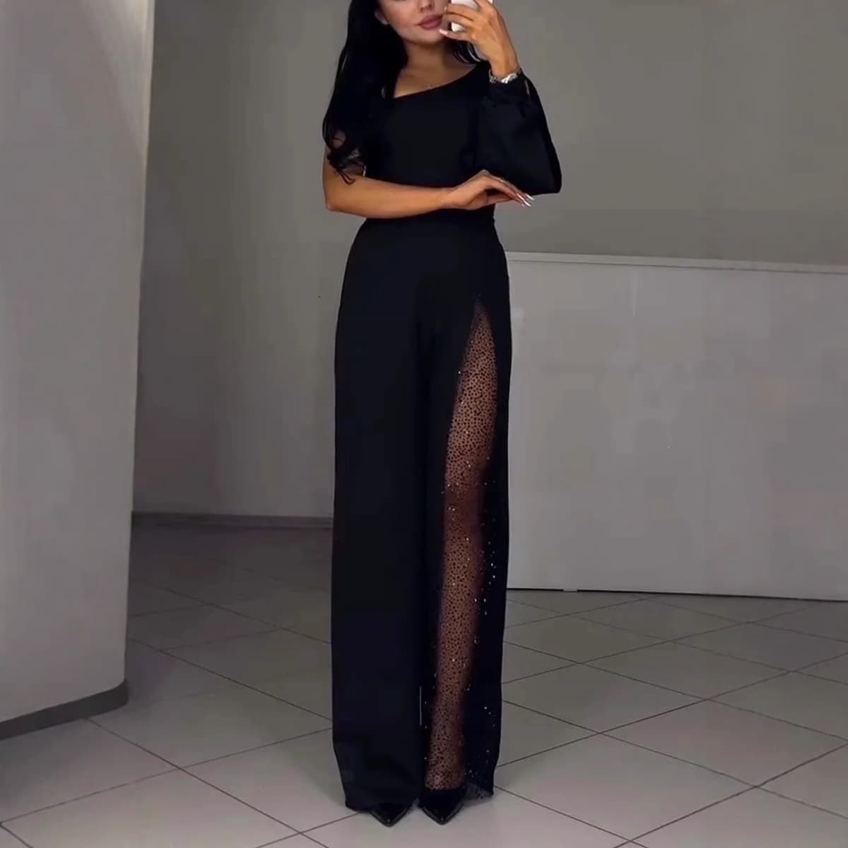 Women's Clothing New Style_Autumn and Winter Fashion Sexy Oblique Shoulder High Slit Women's Jumpsuit