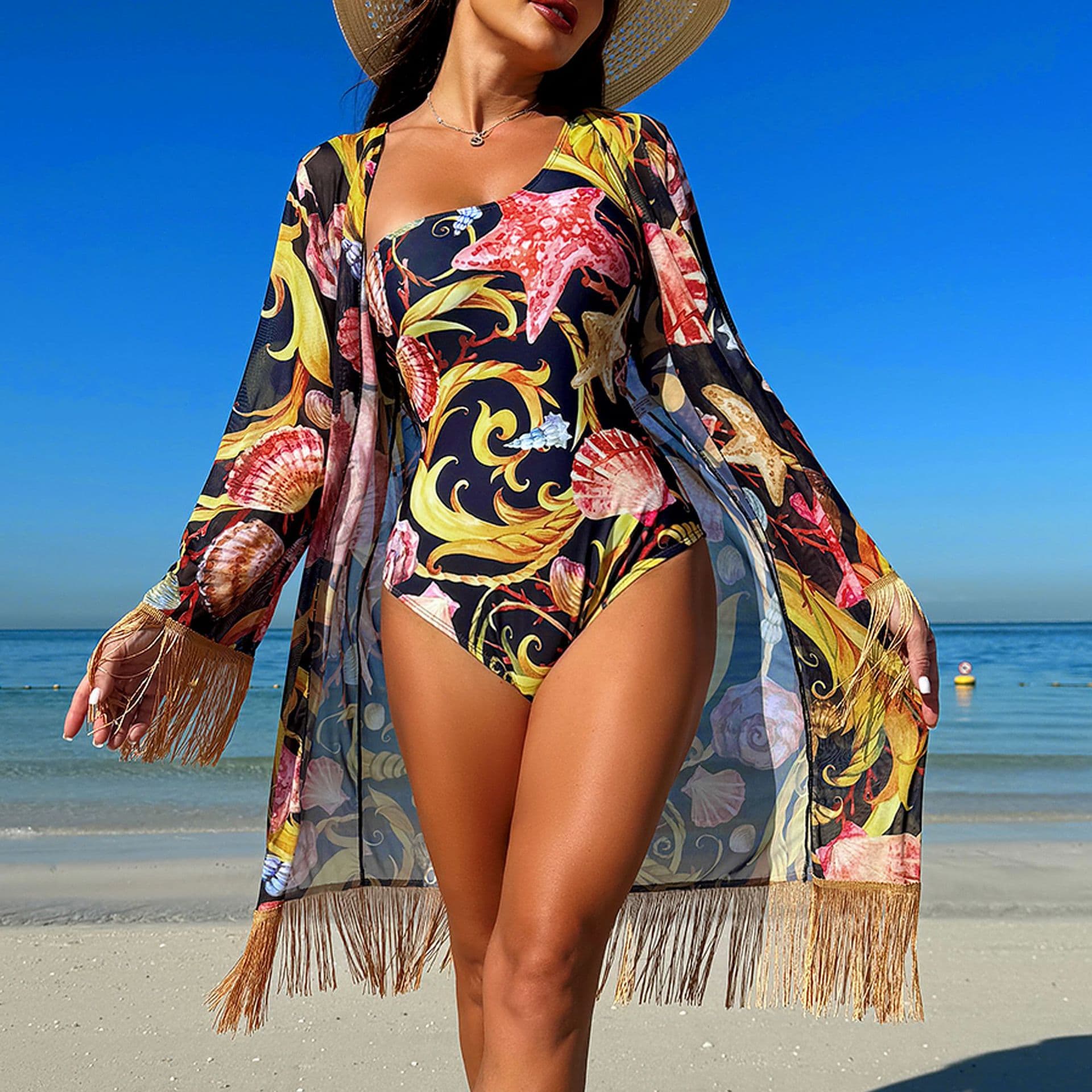 Women’s Clothing New One Shoulder Miami Show Two Piece Beach Sunscreen Tulle Skirt One Piece Swimsuit Female