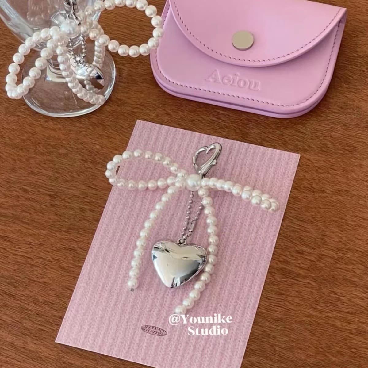 Bag Parts & Accessories New Sweet Girl Pearl Bow Silver Love Pendant Keychain Bluetooth Headset Pendant Pendant