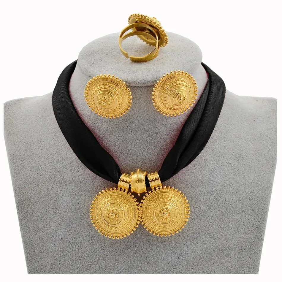 Wedding Jewelry Sets Anniyo DIY Rope Chain Ethiopian Set Gold Color Eritrea Ethnic Style Habesha Pendant Earrings Ring