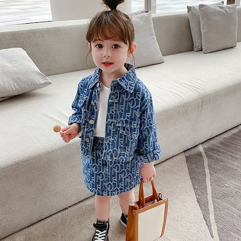 Mother&Kids Children's Dress Girls' Suit Children's Little Girl Denim Jacket And Skirt Two-Piece Set