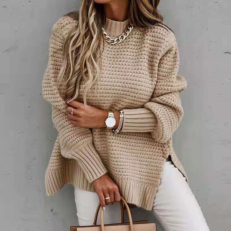 Women's Clothing twisted thread loose half high collar thick wool retro knitted sweater short front and long back sweater