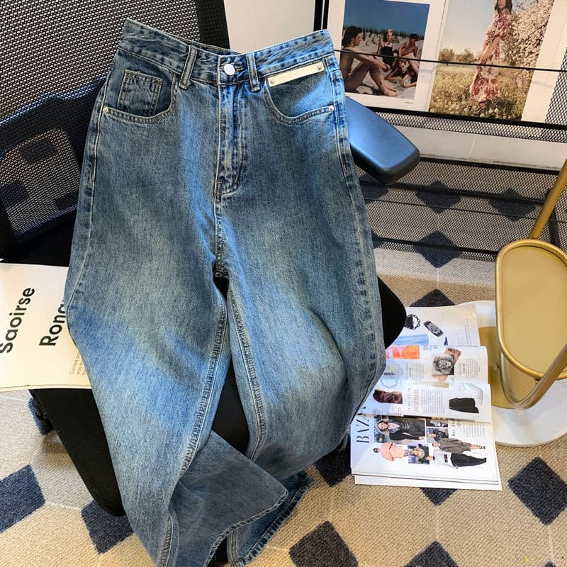 Women's Clothing Design Leather Label High Waist Mopping Small Jeans For Women Autumn And Winter Loose Wide Leg Versatile Casual Straight Trousers