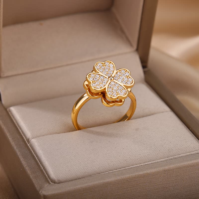 Fashion Zircon Rotatable Four Leaf Clover Anxiety Rings For Women Stainless Steel Anti-Stress Fidget Spinner Ring Aesthetic