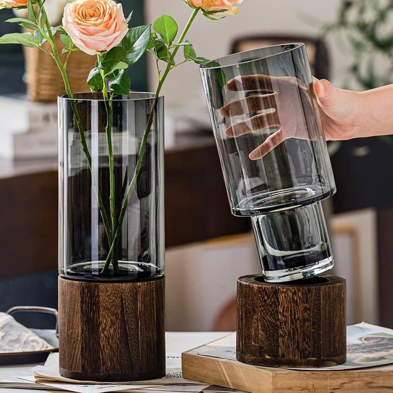 Glass Vase Ins Style Wooden Tray Light Luxury Transparent Water Growing Flowers Living Room Flower Arrangement Desktop Decorative Ornaments