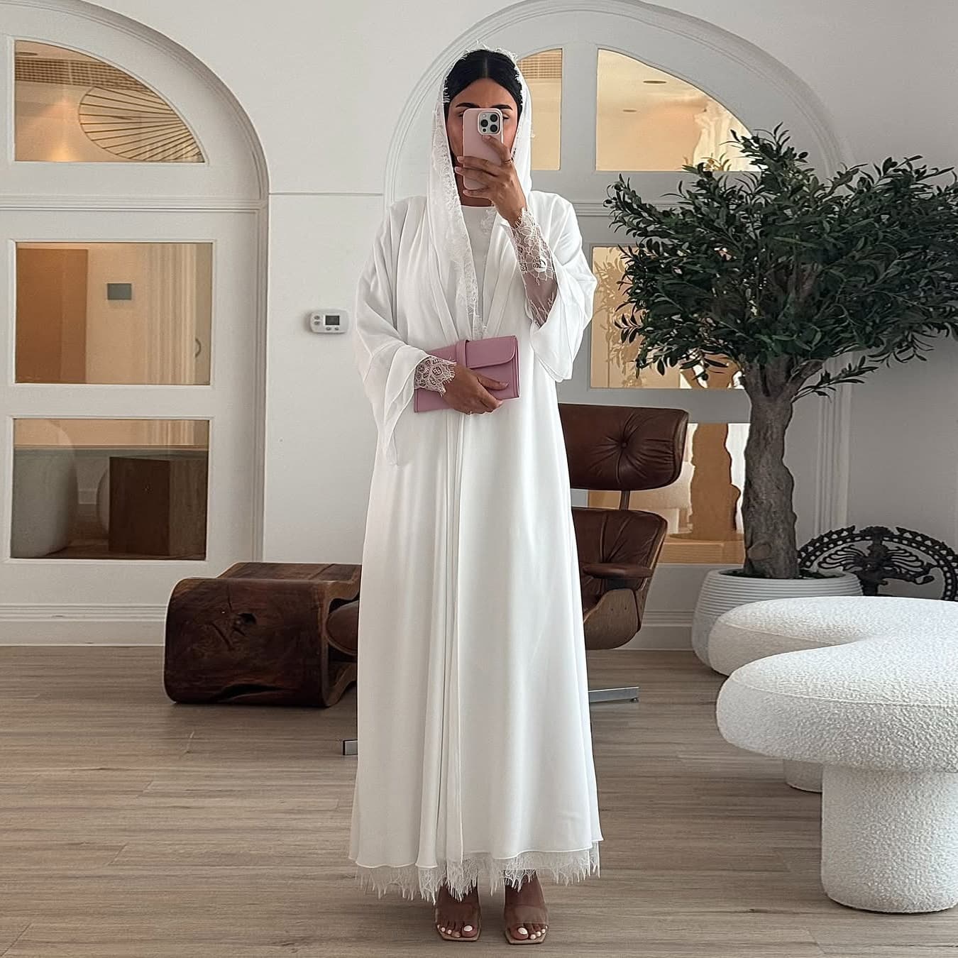 Elegant Modest Dress With Scarf – White Chiffon & Lace Abaya For Muslim Women | Breathable Polyester | S/M/L/XL/XXL​​