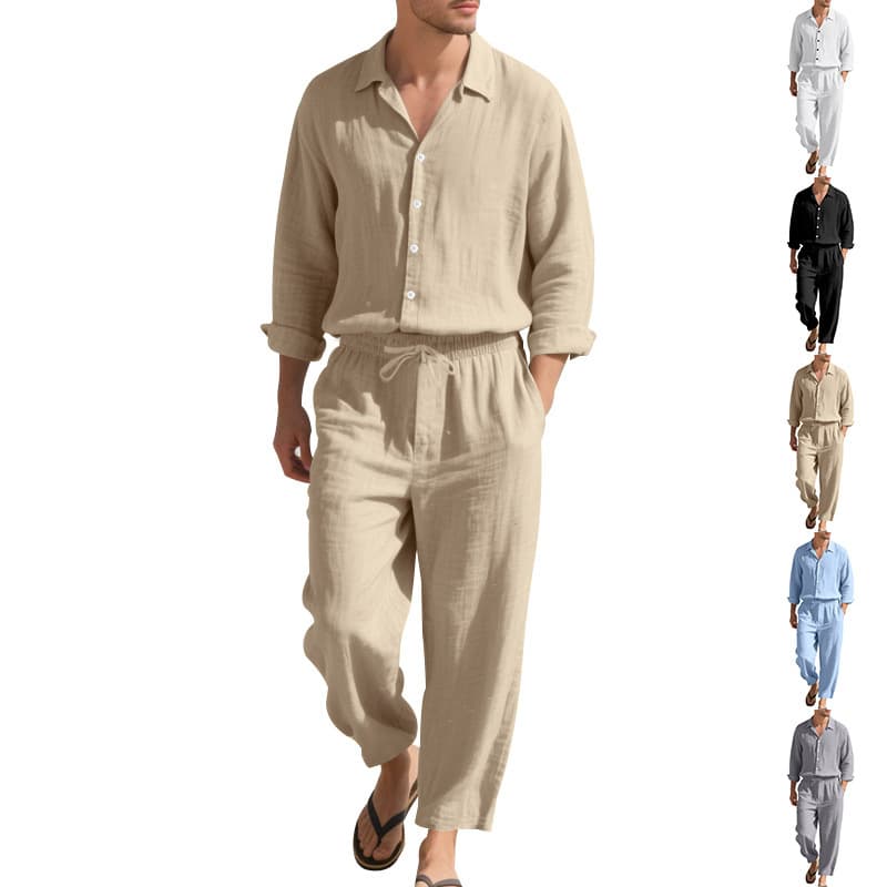 Men's Linen Beach Suit Casual Loose Fit Long Sleeve Shirt & Trousers Set With Sun Protection