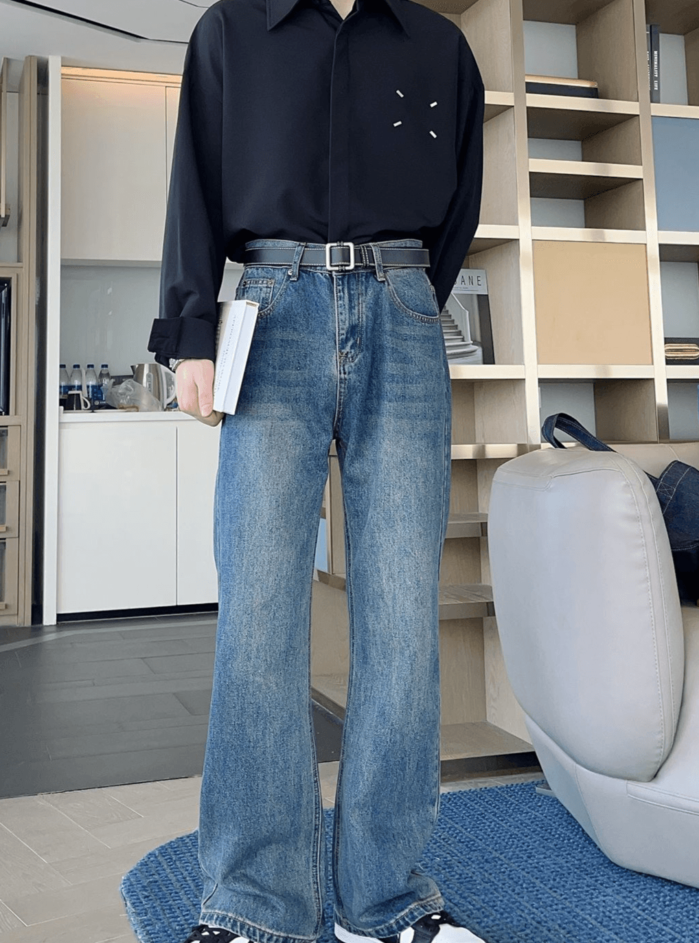 Spring And Autumn American Style Trendy Washed Blue Flared Jeans For Men Straight Loose High Street Cool Handsome