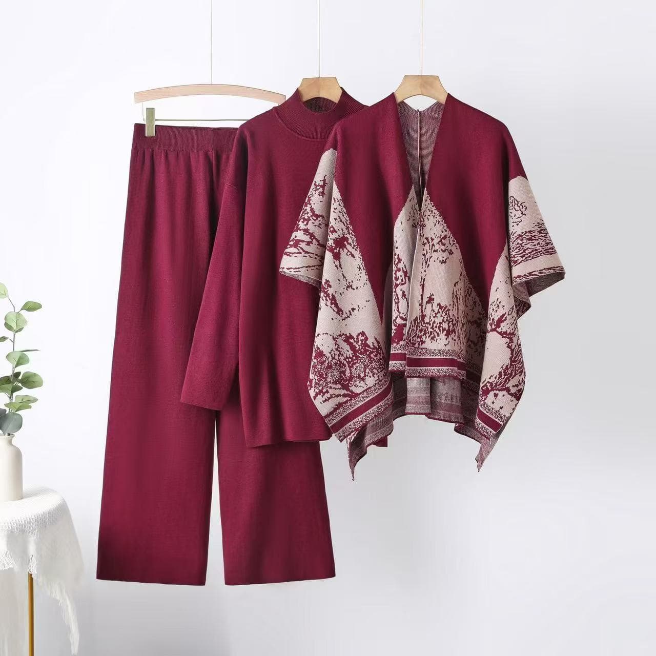 Fashion 3-Piece Set: Shawl Cardigan + Oversized Sweater + Wide Leg Pants – Elegant Office & Casual Outfit, Wrinkle-Free Polyester, Plus Size Friendly