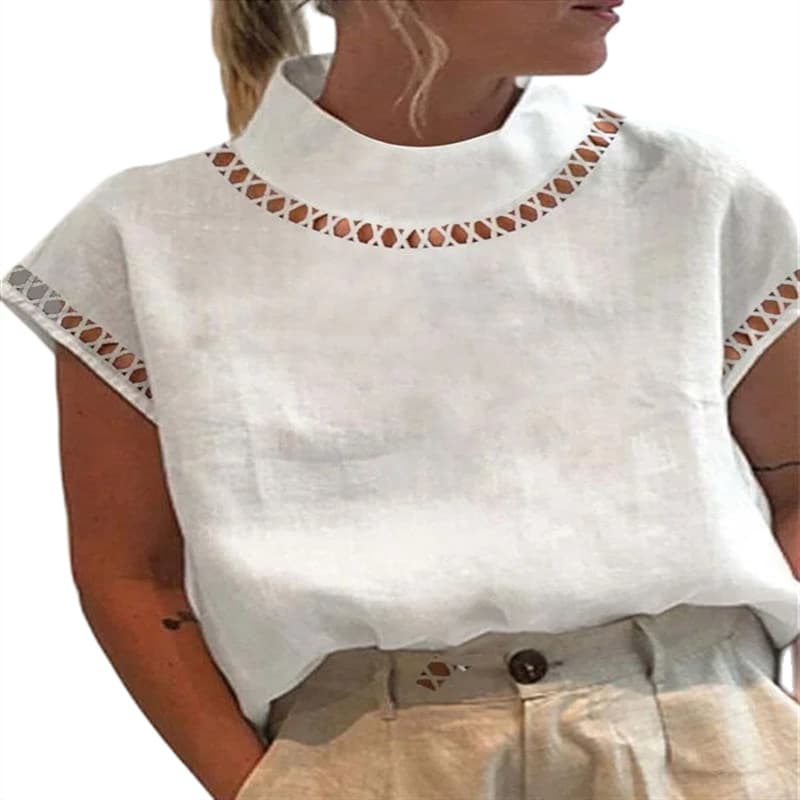 Women's Clothing Solid Color Hollow Tops Casual High Collar Linen Lace Breathable Shirt