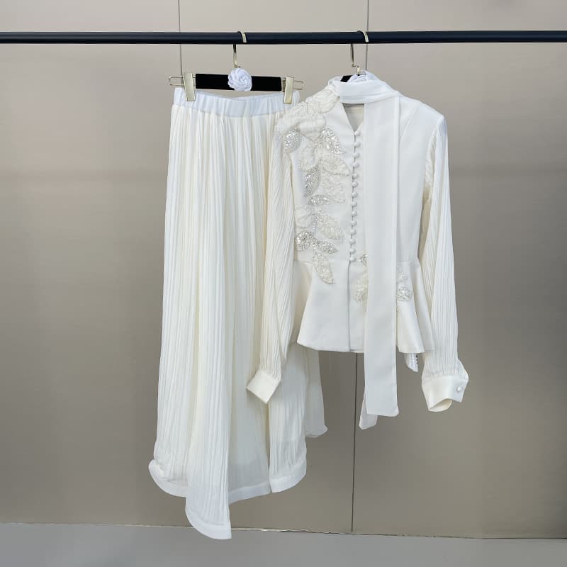 Elegant Two-Piece Set For Women, Beaded Top With Pleated Wrap Skirt, Waist-Defining Outfit