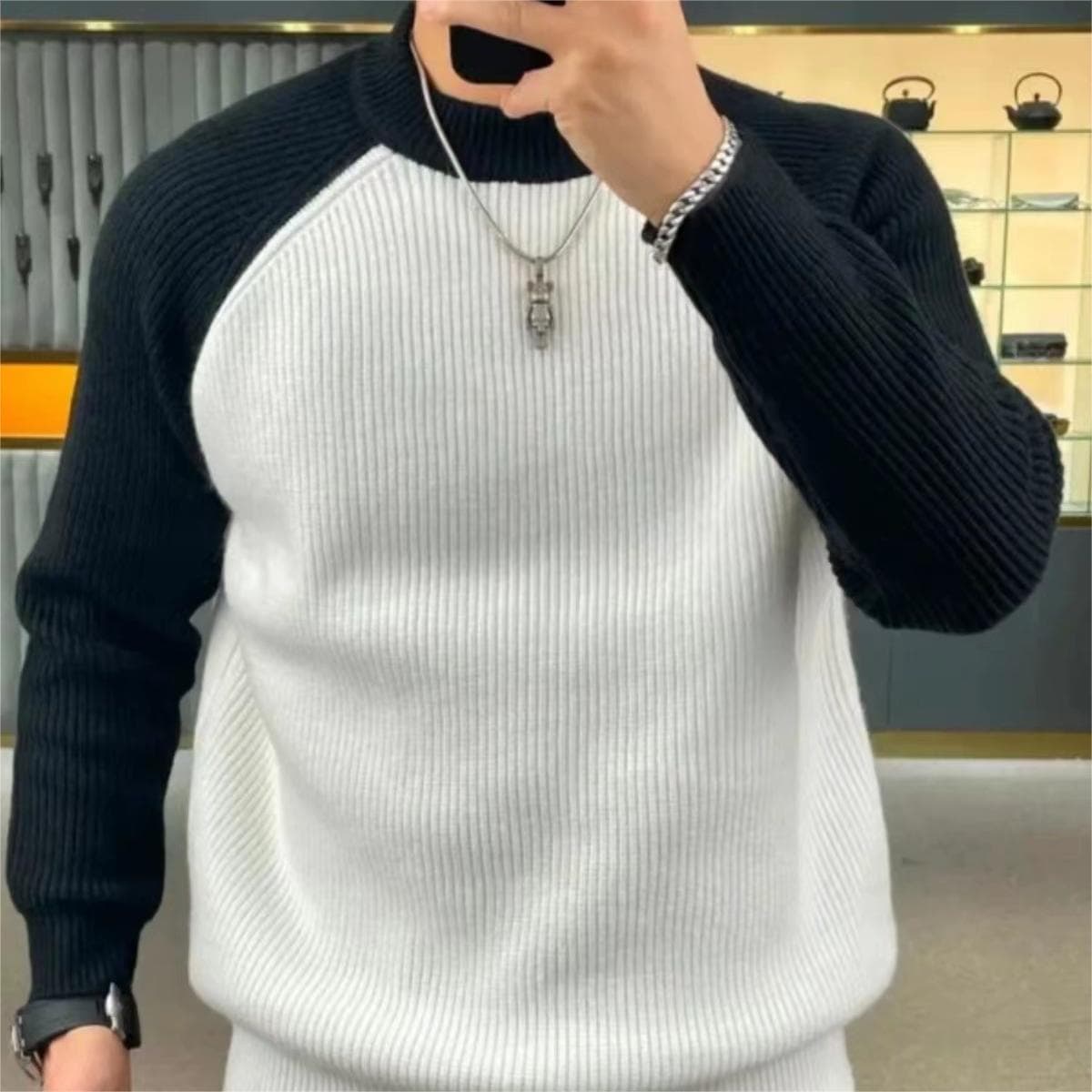 ​​Men's Color Block Raglan Sleeve Sweater Winter Loose Thick Knitted Pullover Casual Style Basic Top​​