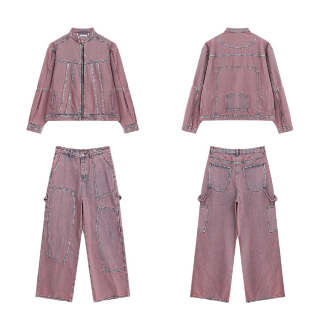 Men's Clothing Dopamine pink denim jacket coat suit men's painted pleated high street couple two piece suit