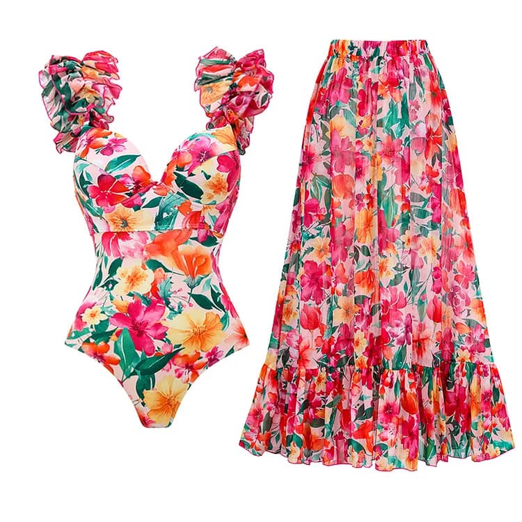 Women's new swimwear women's ruffled backless floral beach vacation one-piece swimsuit suit cross-border