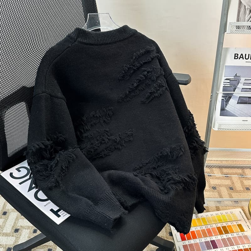 Men's Clothing Hole Pullover Sweater Loose Trend Retro Versatile Casual Hem Slit Knitted Sweater
