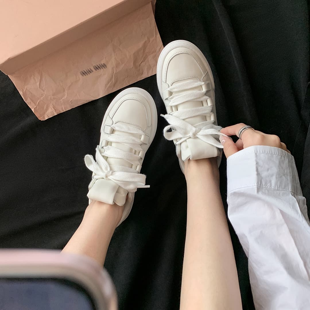 White shoes, women's genuine leather breathable multifunctional lace up thick sole height