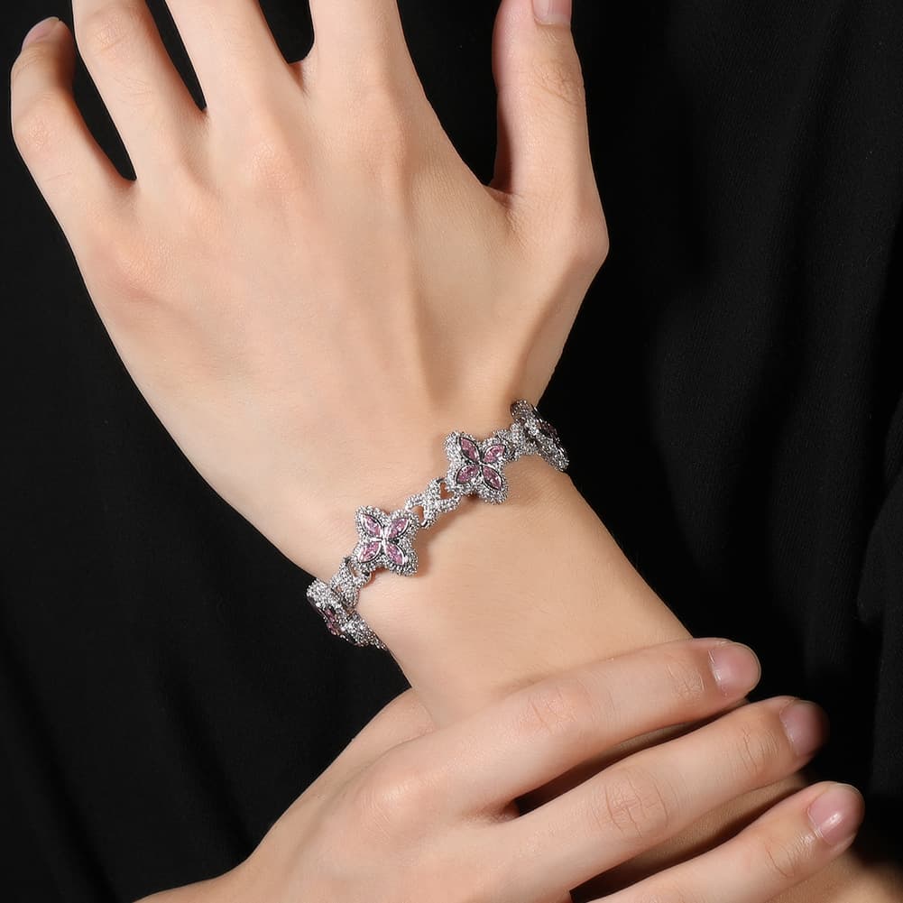 Men And Women's Jewelry 5A Cubic Zirconia Four-Leaf Clover Hip Hop Bracelet & Necklace Set In Colorful Stones