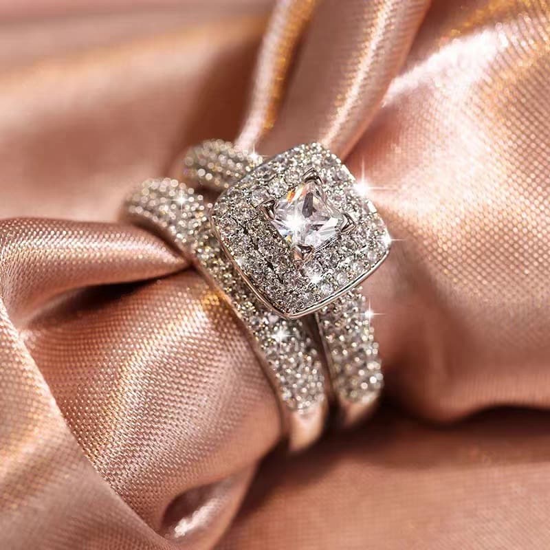 new full diamond micro inlaid couple princess diamond ring set fashion high end luxury engagement ring