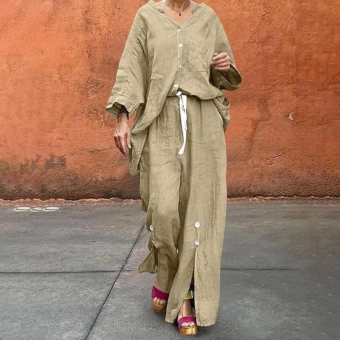 Women's Clothing Casual Cotton And Linen Solid Color Shirt Drawstring Wide Leg Pants Suit Women